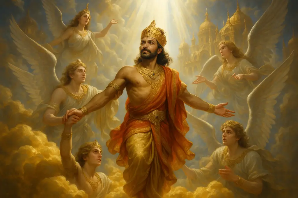 Nahusha curse story depicted: the king riding a celestial palanquin carried by sages, moments before being cursed in Hindu mythology