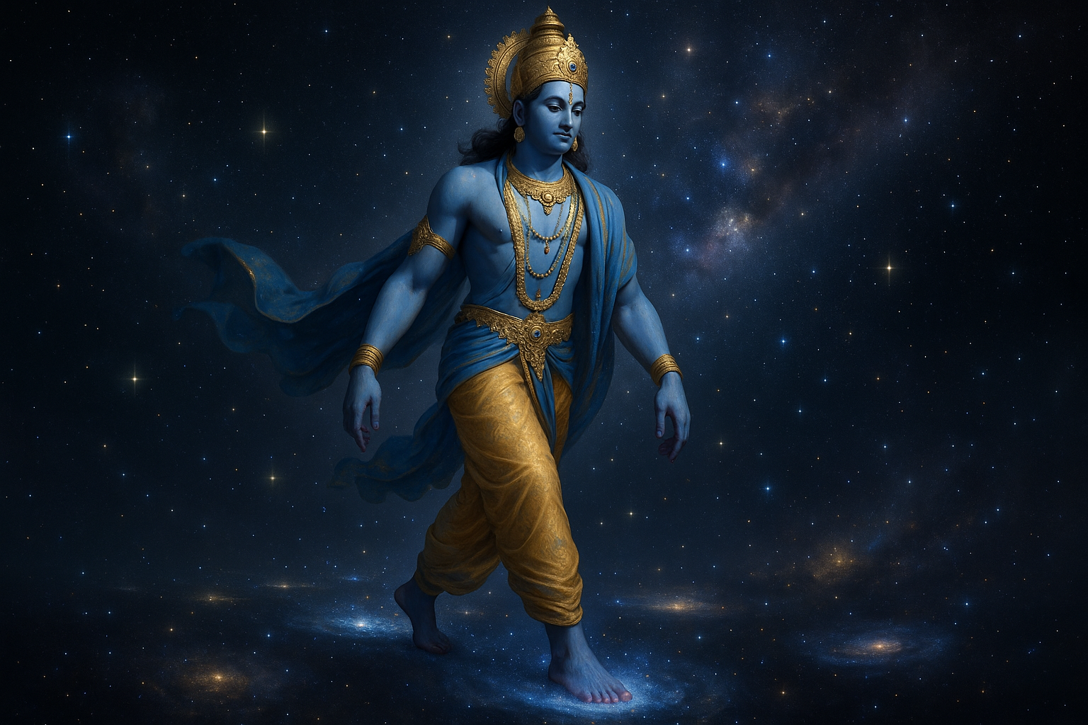 Lord Vishnu, the preserver in the Hindu Holy Trinity, walking gracefully across a galaxy. His divine form represents balance and protection within the Trimurti concept.