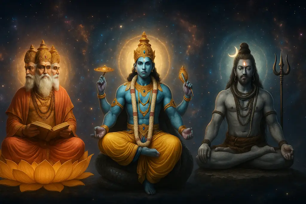 The Hindu Holy Trinity—Brahma, Vishnu, and Shiva—depicted in divine 3D form against a cosmic background. This Trimurti image symbolizes creation, preservation, and destruction in Hindu mythology.
