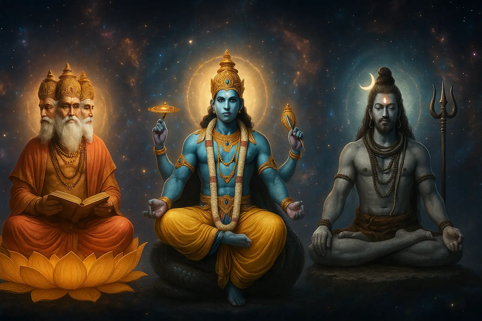 The Hindu Holy Trinity—Brahma, Vishnu, and Shiva—depicted in divine 3D form against a cosmic background. This Trimurti image symbolizes creation, preservation, and destruction in Hindu mythology.