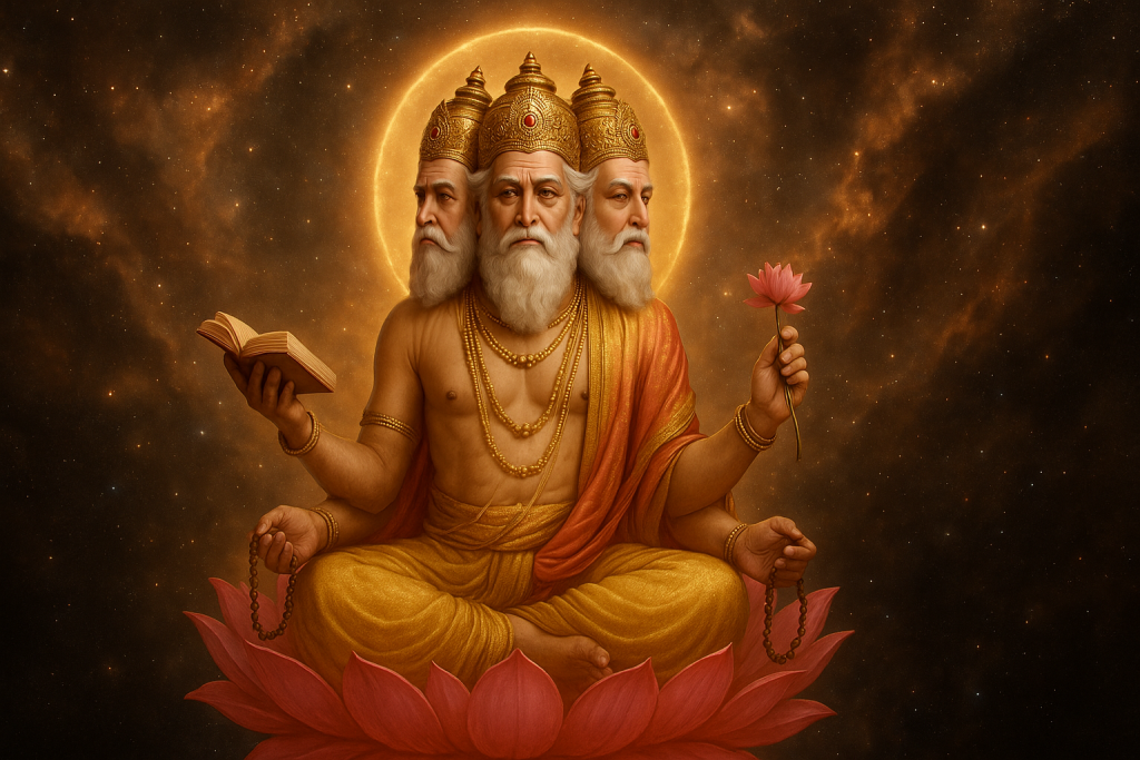 Lord Brahma, the creator in the Hindu Holy Trinity, seated on a lotus in the cosmos with four heads, holding the Vedas and a lotus flower symbolizing divine creation in Hindu mythology.