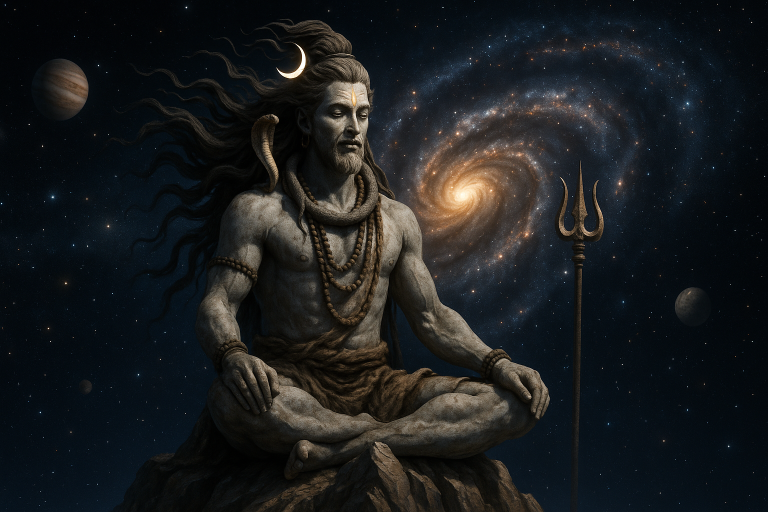Lord Shiva, the destroyer in the Hindu Holy Trinity, seen in cosmic meditation with his trident and crescent moon under a spiral galaxy. A powerful depiction of transformation in the Trimurti.