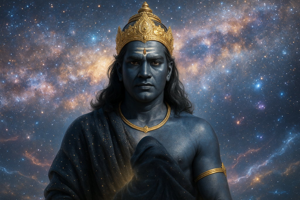 Depiction of Shani Dev with cosmic background, representing the Shani Dev origin story and his connection to karma and justice in Hindu mythology