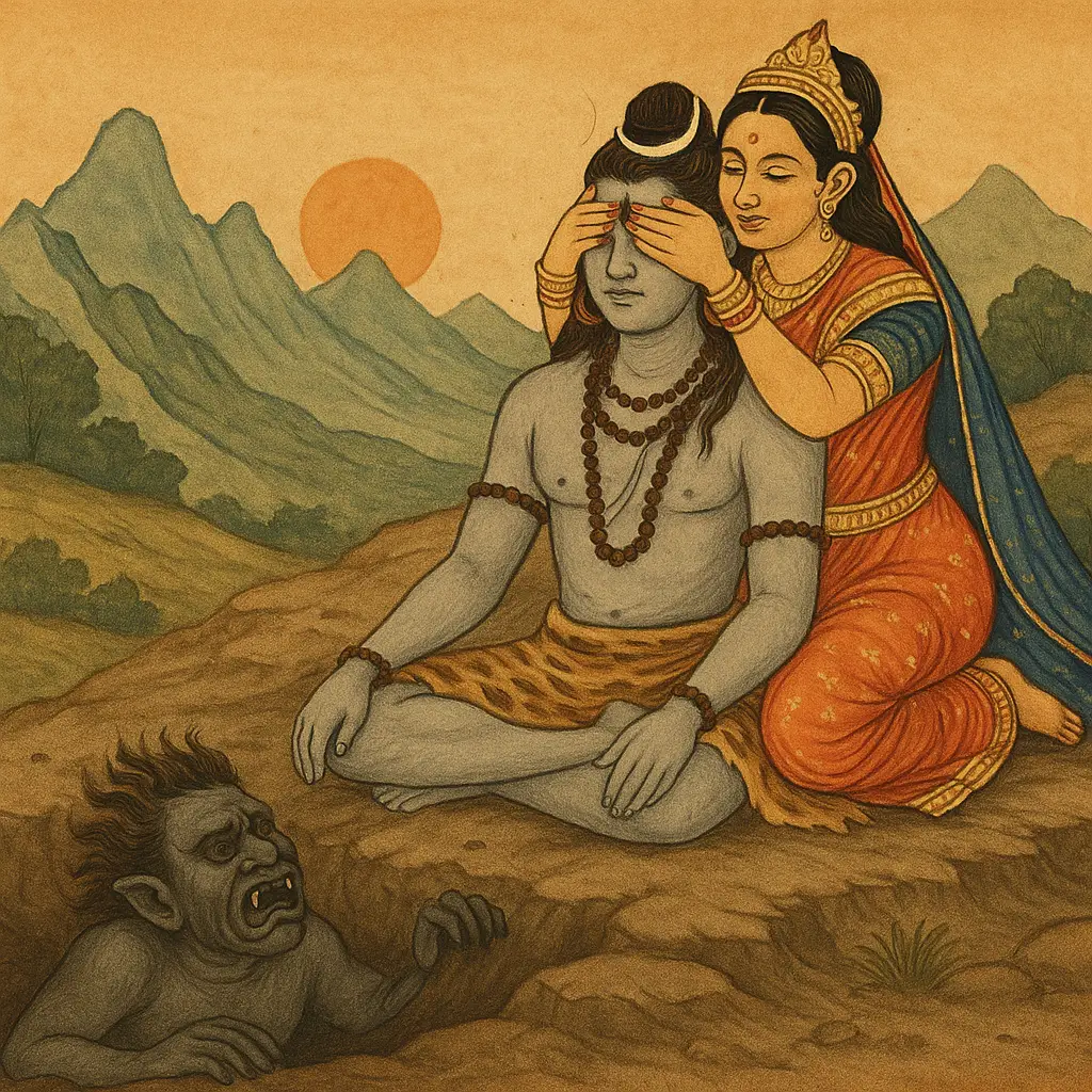 The Birth of Andhaka, the Blind Asura, emerging from Lord Shiva’s divine energy on Mount Mandara in Hindu mythology.