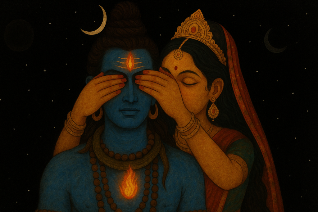 Goddess Parvati playfully covering Lord Shiva’s eyes on Mount Mandara, the cosmic moment leading to the Birth of Andhaka, the Blind Asura”