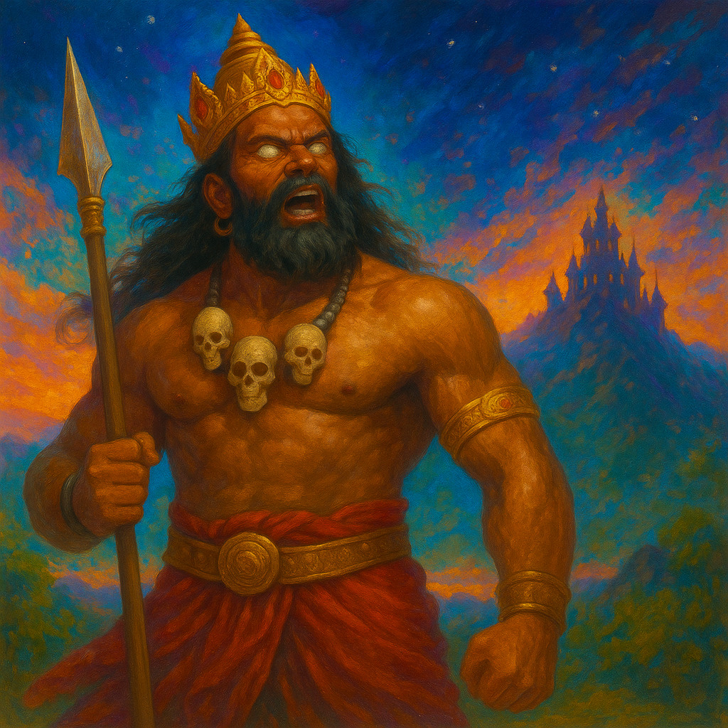 Andhaka, the Blind Asura, depicted with glowing eyes, a skull necklace, and spear, symbolizing his rage, power, and cosmic origin in the Birth of Andhaka myth