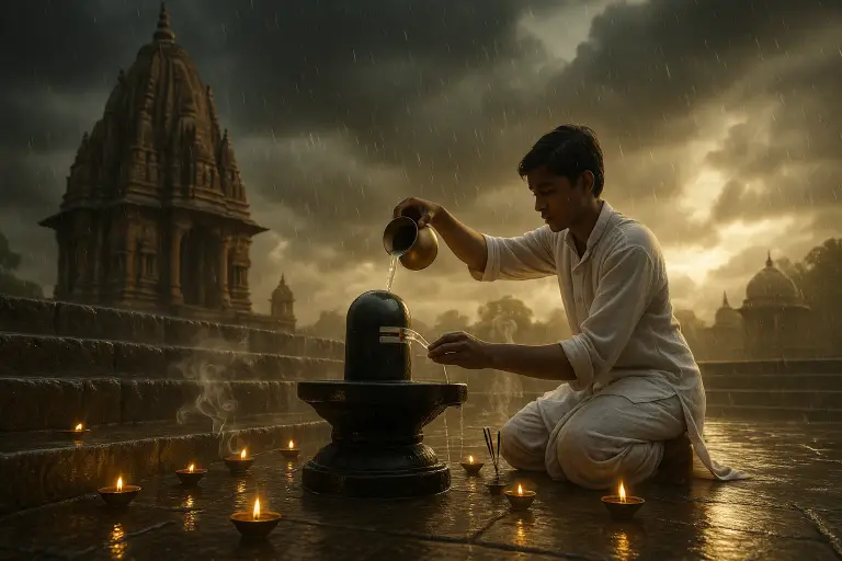 Sawan Somvar Fast. landscape of a Hindu temple during the monsoon, a young Indian devotee in white traditional clothes pouring water over a black Shiva Lingam, incense smoke and diya lights glowing, dark clouds in the sky.
