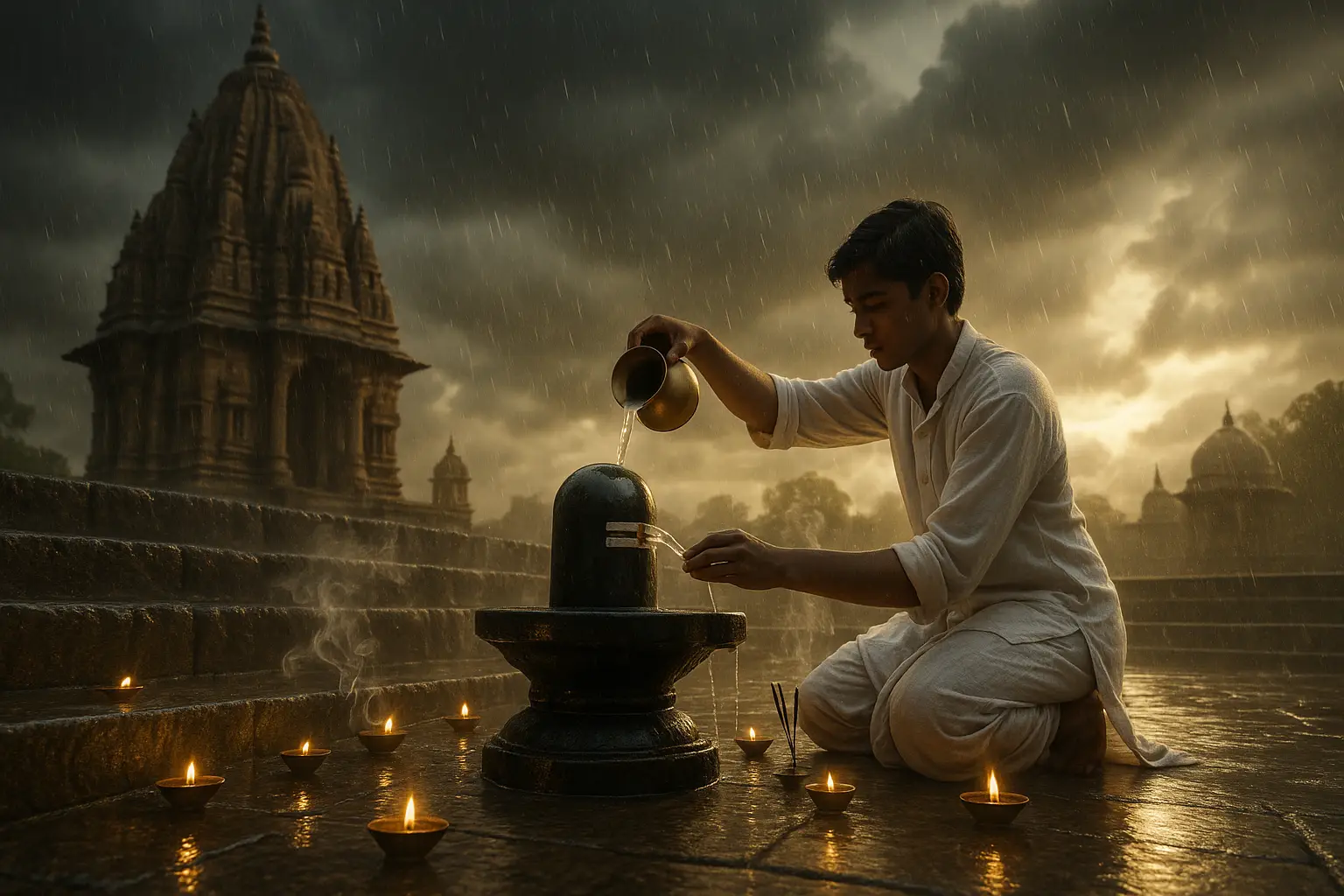 Sawan Somvar Fast. landscape of a Hindu temple during the monsoon, a young Indian devotee in white traditional clothes pouring water over a black Shiva Lingam, incense smoke and diya lights glowing, dark clouds in the sky.