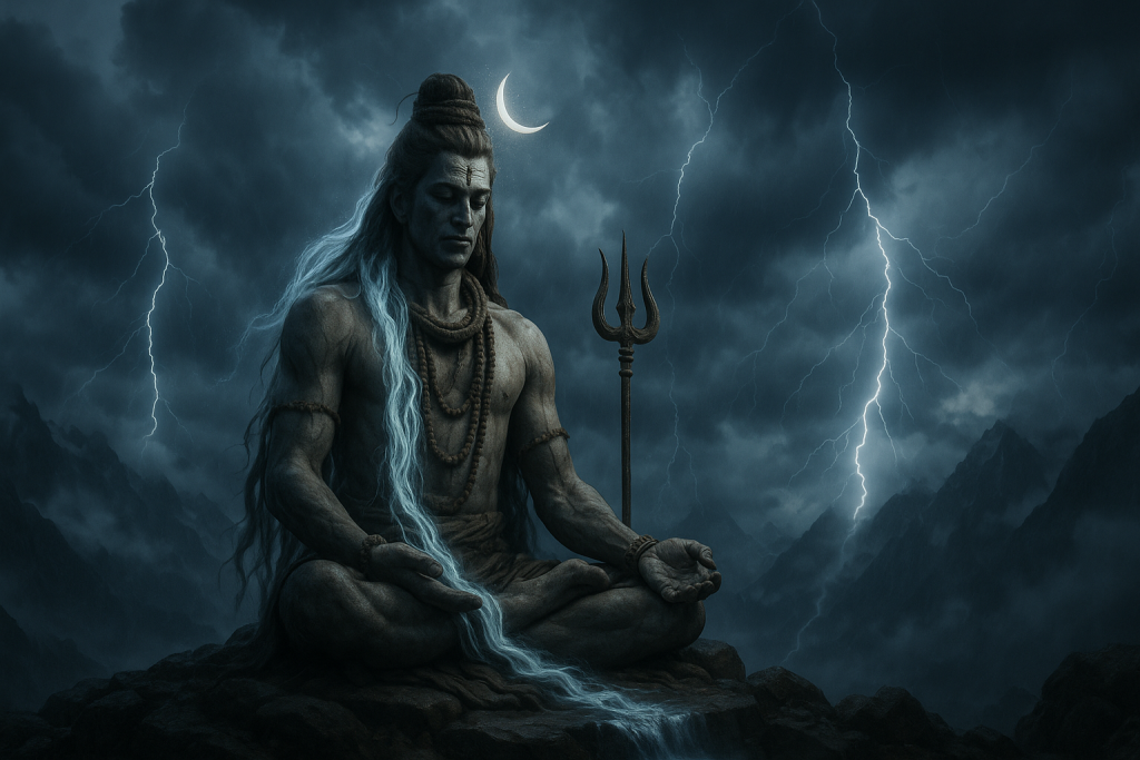 Sawan somwar fast. Lord Shiva meditating on the Himalayas during the monsoon, surrounded by clouds and lightning, Ganga flowing from his hair, crescent moon on his head glowing faintly, trident placed beside him,