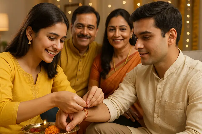 Rakhi 2025: A family celebrating raksha bandhan as a sister ties rakhi on her brother's hand