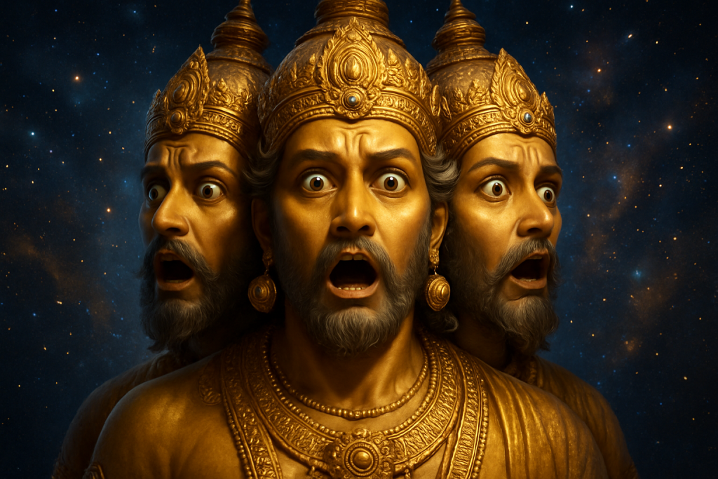 Chaturmukhi Brahma in shock upon seeing multiple Brahmas in Vaikuntha – a symbolic depiction of the Hindu multiverse from ancient cosmology.