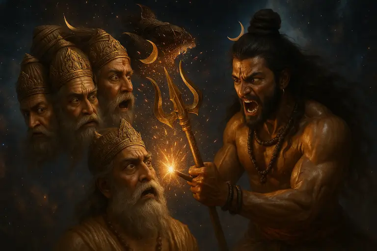 Lord Shiva, in divine fury, confronting five-headed Brahma with his trident. One of Brahma’s heads is shown being severed—symbolizing the loss of his fifth head due to ego and desire.