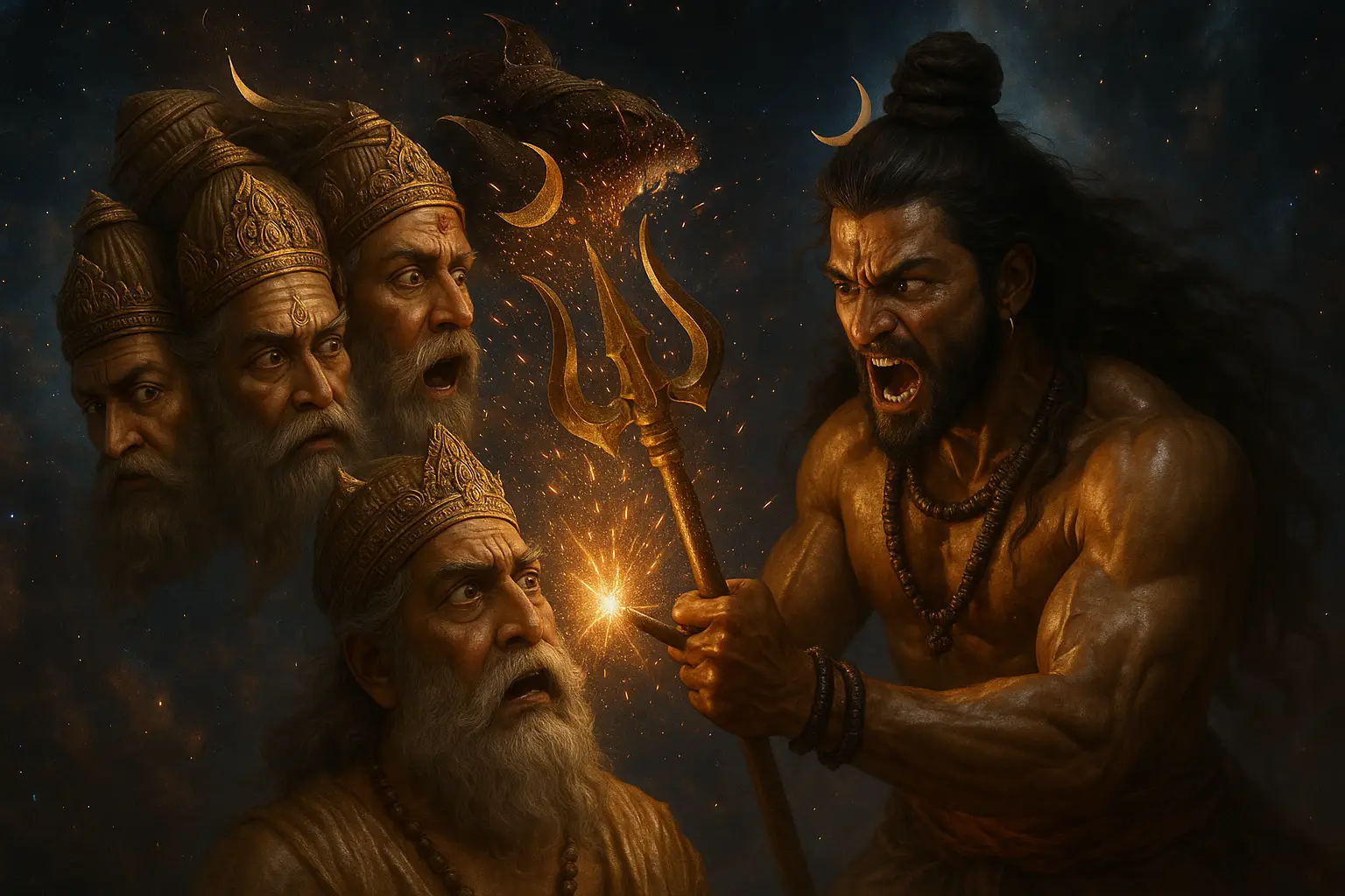Lord Shiva, in divine fury, confronting five-headed Brahma with his trident. One of Brahma’s heads is shown being severed—symbolizing the loss of his fifth head due to ego and desire.