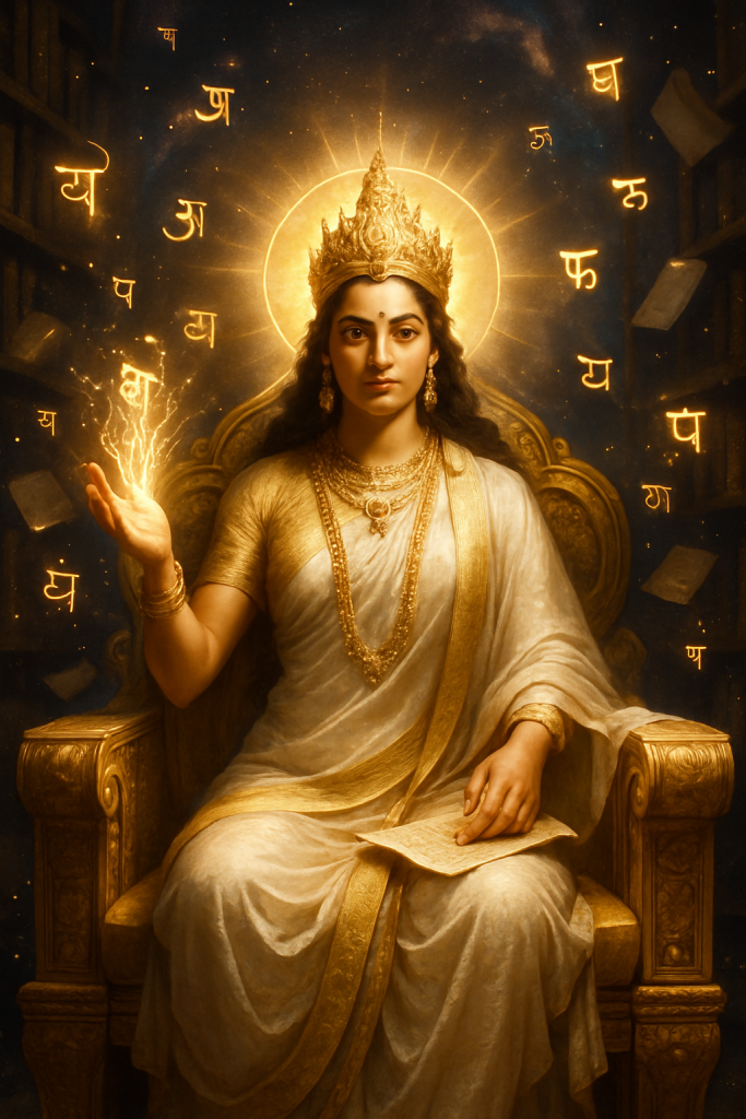Hyperrealistic 3D image of Aranyani, the forgotten Vedic goddess of forests, walking barefoot in a lush green jungle with deer, peacocks, and parrots, symbolizing nature’s abundance in Rig Veda hymns.