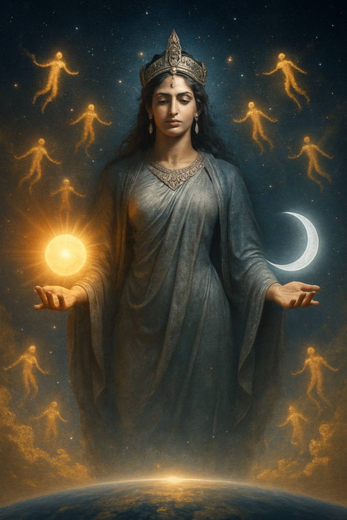 Hyperrealistic 3D cosmic image of Aditi, one of the forgotten Vedic goddesses, depicted as the universal mother holding the sun and moon, with celestial beings surrounding her, symbolizing infinity and creation in Rig Veda tradition.