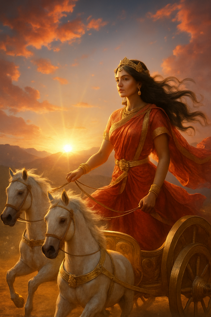 Hyperrealistic 3D depiction of Nirṛti, one of the forgotten Vedic goddesses, standing in a stormy battlefield with glowing red eyes, wearing black and crimson robes adorned with skulls, symbolizing misfortune and decay in Rig Veda mythology.