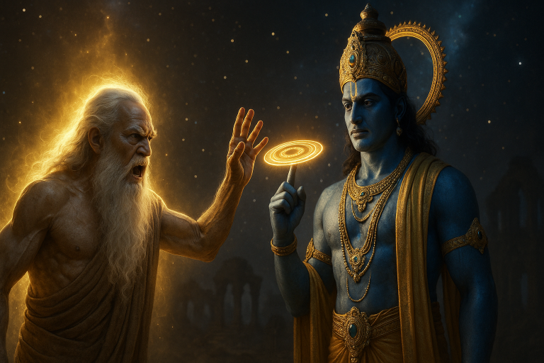 Sage Bhrigu angrily cursing Lord Vishnu, glowing with divine aura, while Vishnu stands calm with blue radiant skin, golden crown, and Sudarshana Chakra spinning on his finger. Dramatic mythological scene set against a cosmic night sky, symbolizing Bhrigu’s curse on Vishnu from Hindu mythology.